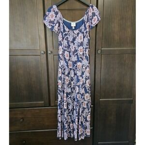 Knox Rose Womens S Maxi Dress Pockets Blue Floral Cottagecore Flowy Tier Flutter